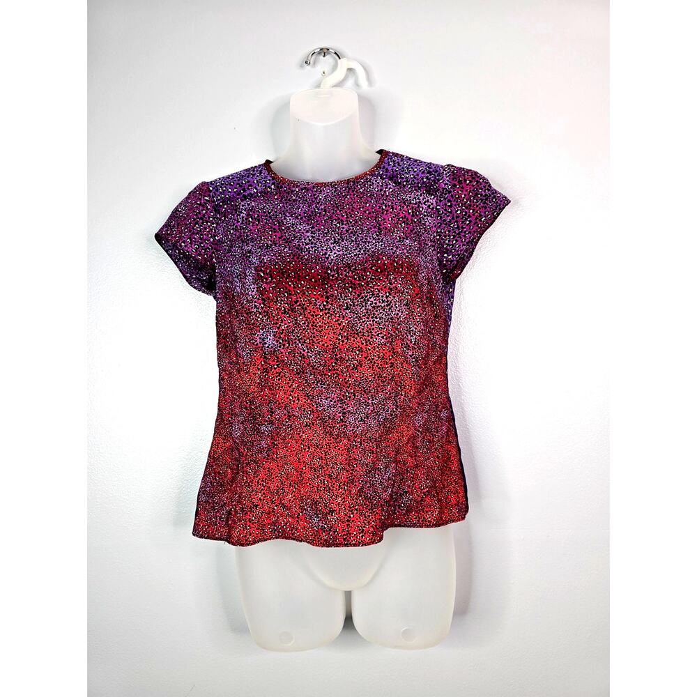 Nanette Lepore Purple & Red Silk Leopard Print Short Sleeve Blouse